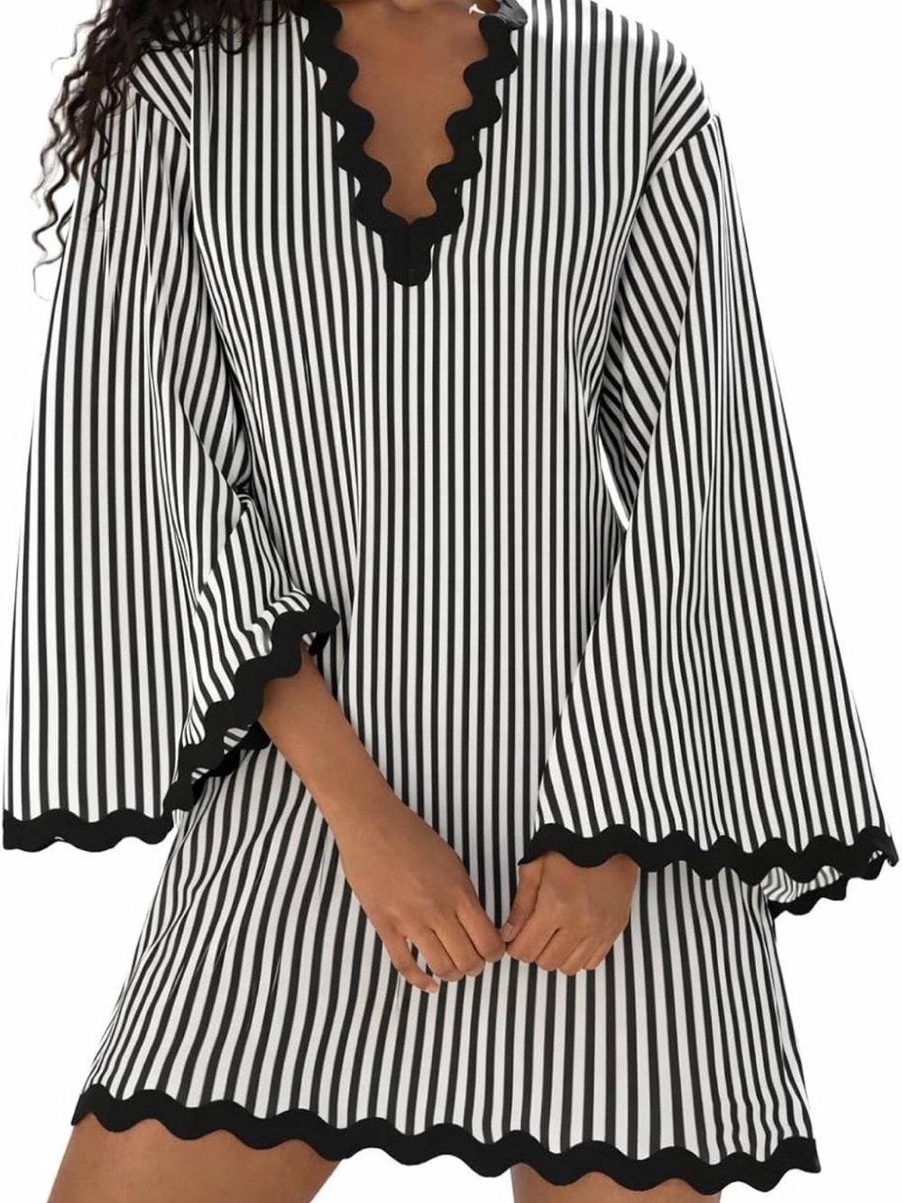 Amazon Black and White Striped Women's Swim Coverup with Scalloped Trim
